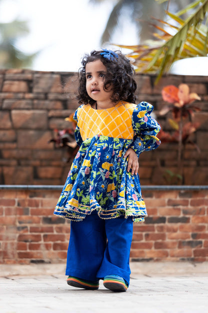 GIRLS BLUE FLORAL GOTAPATTI ANARKALI PALAZZO SET