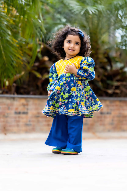 GIRLS BLUE FLORAL GOTAPATTI ANARKALI PALAZZO SET