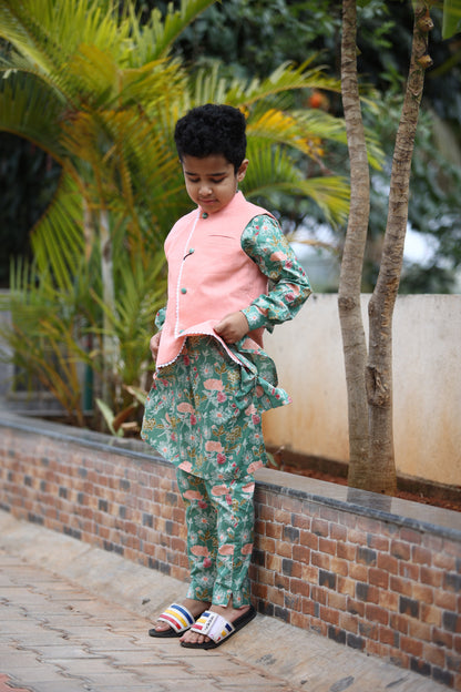 BOYS MINTY GREEN FLORAL KURTA SET WITH NEHRU JACKET