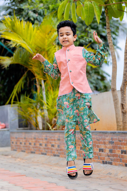 BOYS MINTY GREEN FLORAL KURTA SET WITH NEHRU JACKET