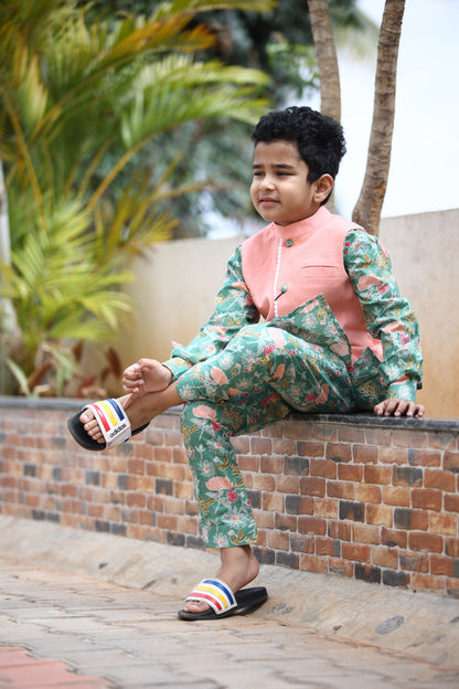 BOYS MINTY GREEN FLORAL KURTA SET WITH NEHRU JACKET