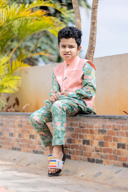 BOYS MINTY GREEN FLORAL KURTA SET WITH NEHRU JACKET