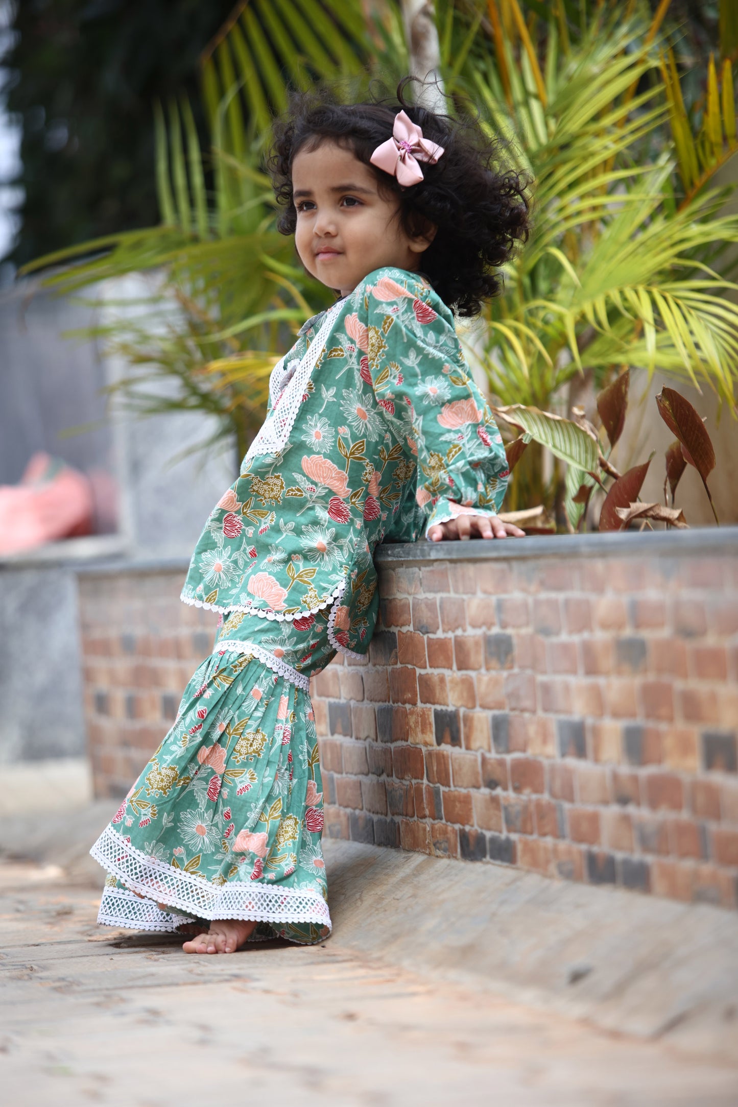 GIRLS MINTY GREEN SHARARA SET WITH LACE DETAILS