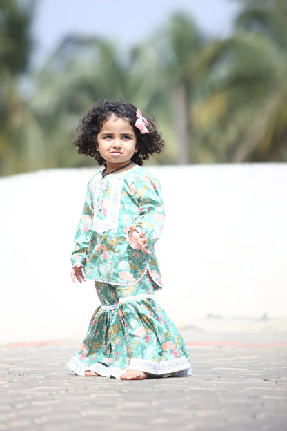 GIRLS MINTY GREEN SHARARA SET WITH LACE DETAILS