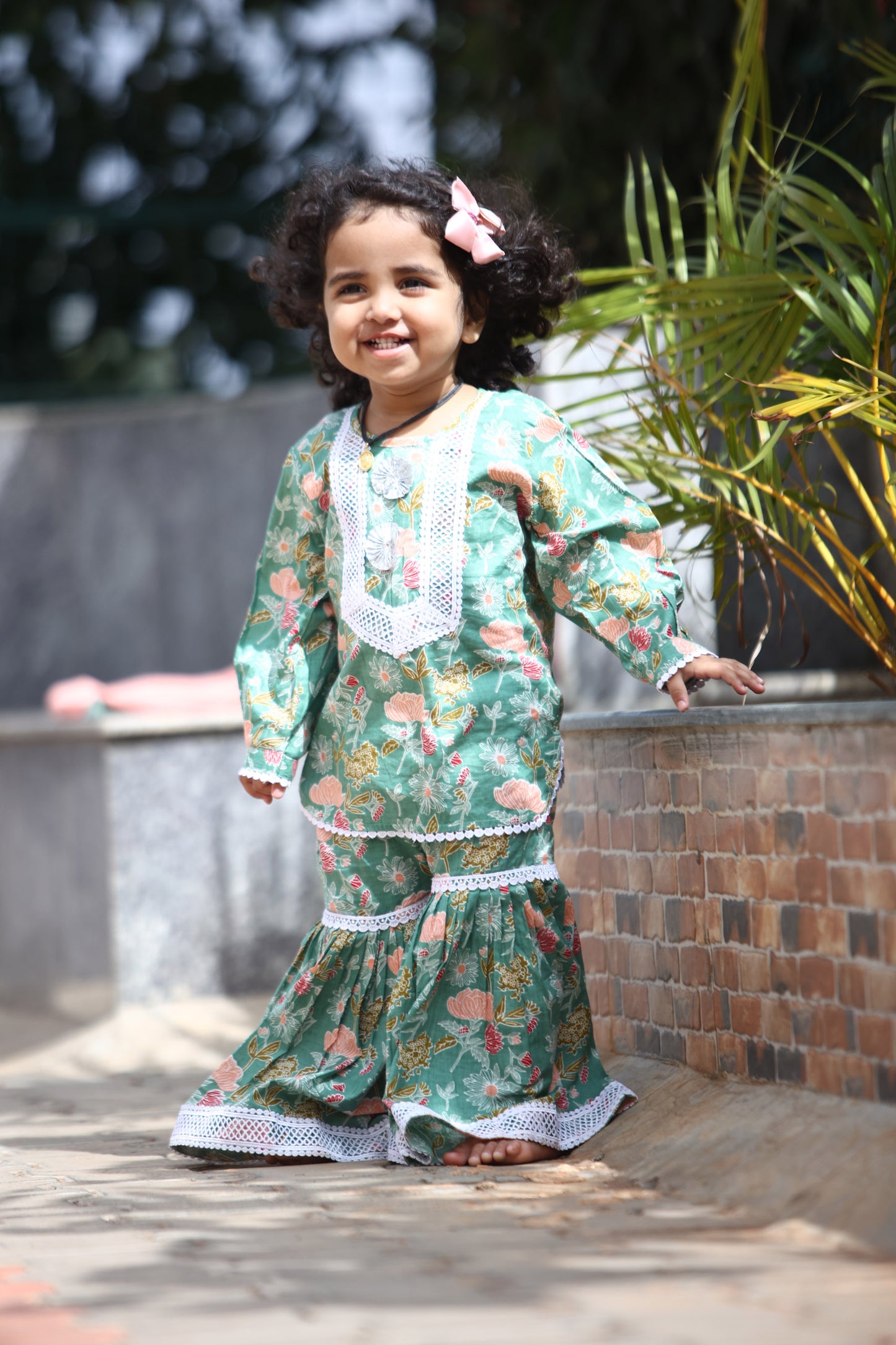 GIRLS MINTY GREEN SHARARA SET WITH LACE DETAILS