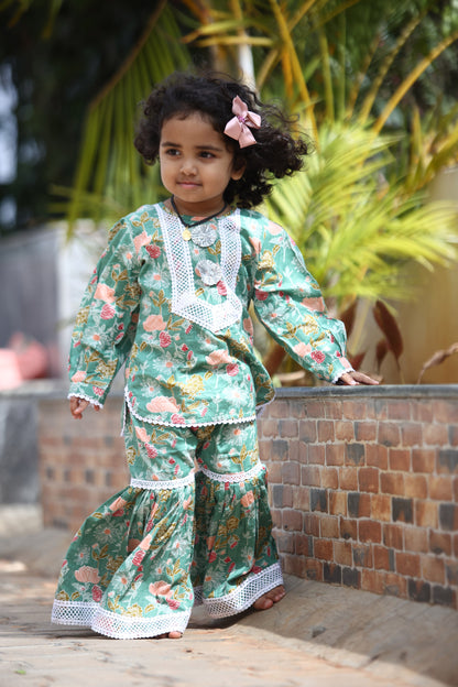 GIRLS MINTY GREEN SHARARA SET WITH LACE DETAILS