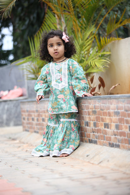 GIRLS MINTY GREEN SHARARA SET WITH LACE DETAILS