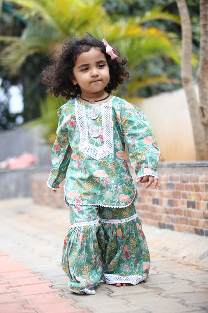 GIRLS MINTY GREEN SHARARA SET WITH LACE DETAILS