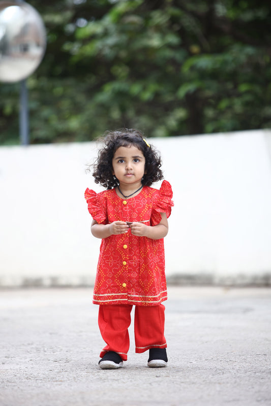 Girls Red Bandhani Jabla Set