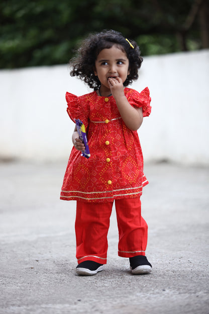 Girls Red Bandhani Jabla Set