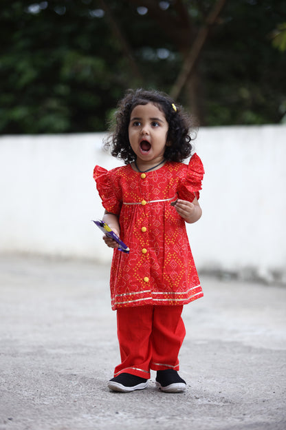 Girls Red Bandhani Jabla Set