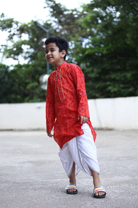 BOYS RED BANDHANI GOTAPATTI DHOTI KURTA SET