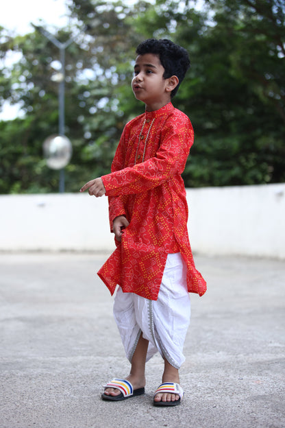 BOYS RED BANDHANI GOTAPATTI DHOTI KURTA SET