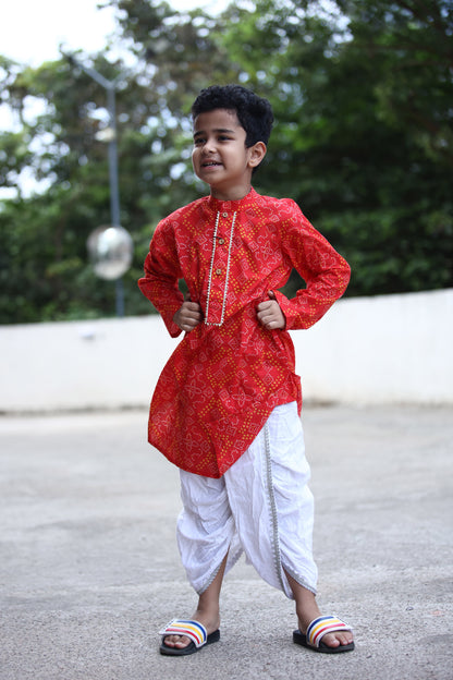 BOYS RED BANDHANI GOTAPATTI DHOTI KURTA SET