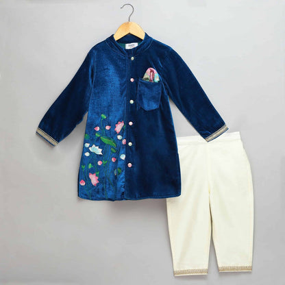 BLUE VELVET BANDHGALA EMBROIDERY SET WITH OFFWHITE TROUSERS