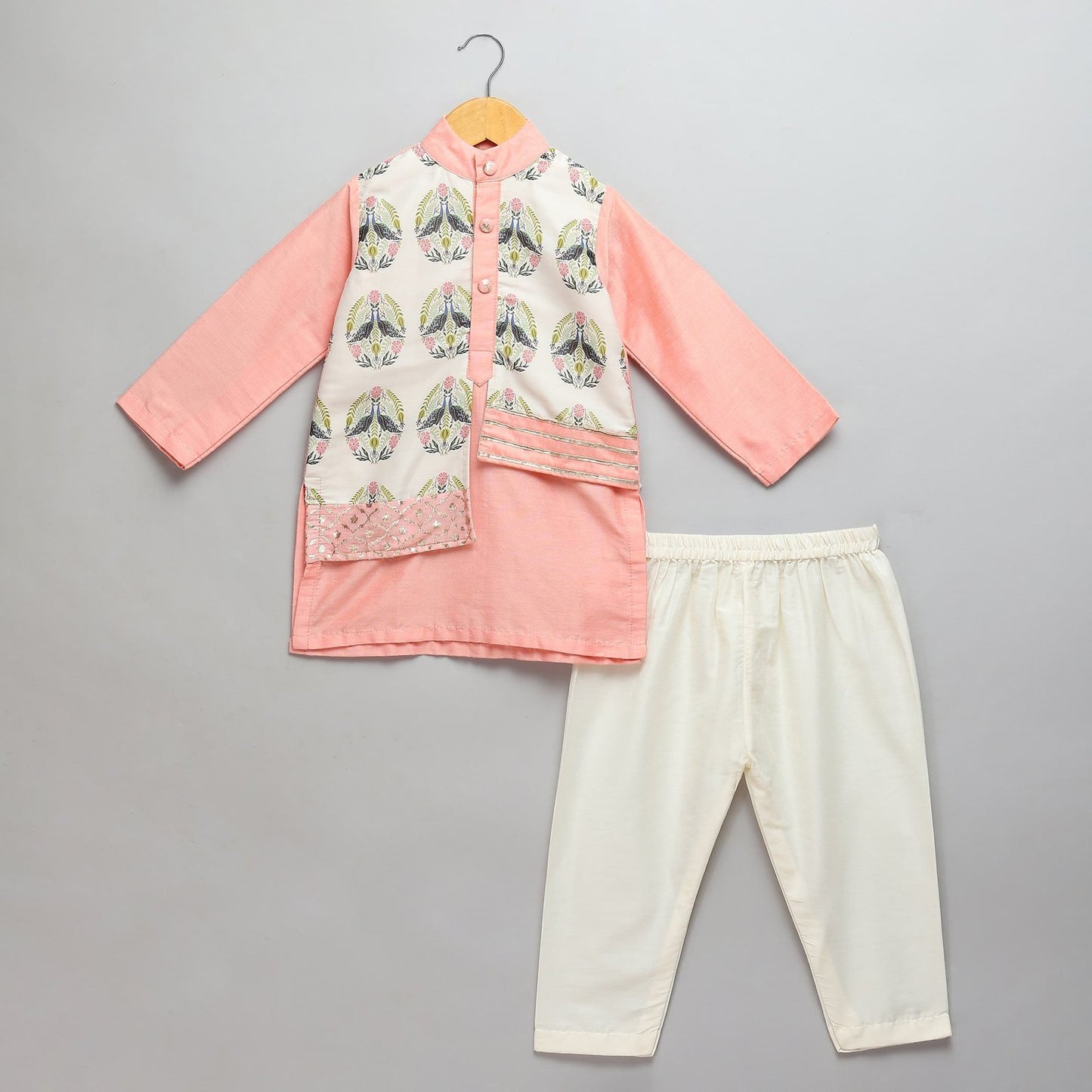 PEACH KURTA PYJAMA WITH ATTACHED PRINTED JACKET