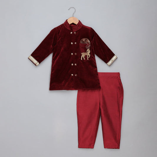 MAROON VELVET BANDHGALA EMBROIDERY SET