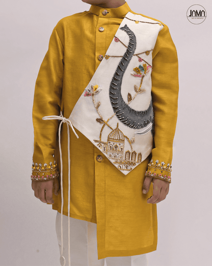 MUSTARD YELLOW & OFF WHITE FLAPED KURTA & OFF WHITE PANT