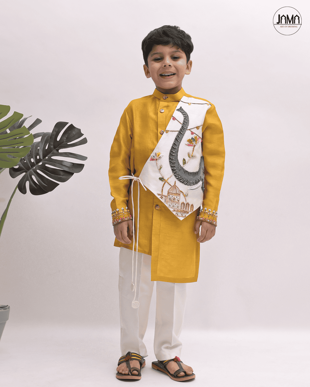 MUSTARD YELLOW & OFF WHITE FLAPED KURTA & OFF WHITE PANT