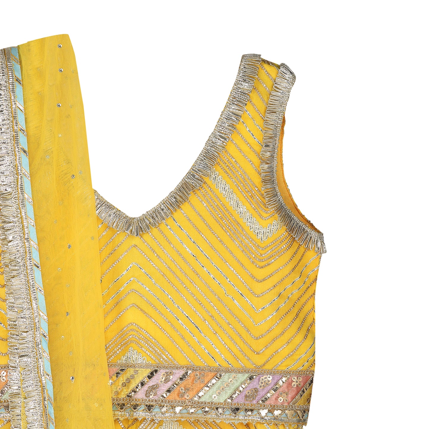 CHINON BLOUSE AND LEHENGA WITH MULTICOLORED LACE SET