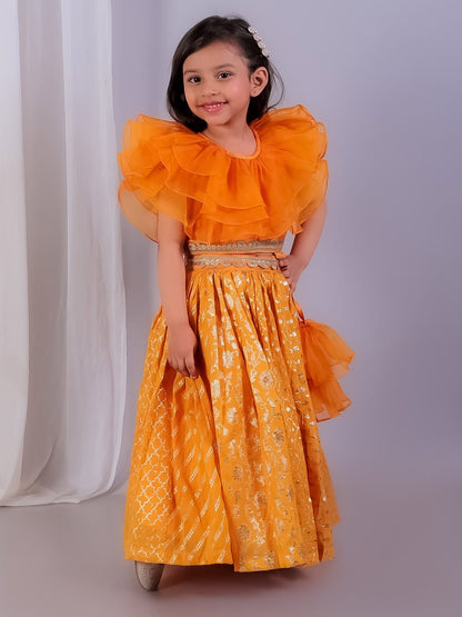 ORANGE ORGANZA FRILL CHANDERI LEHNGA SET