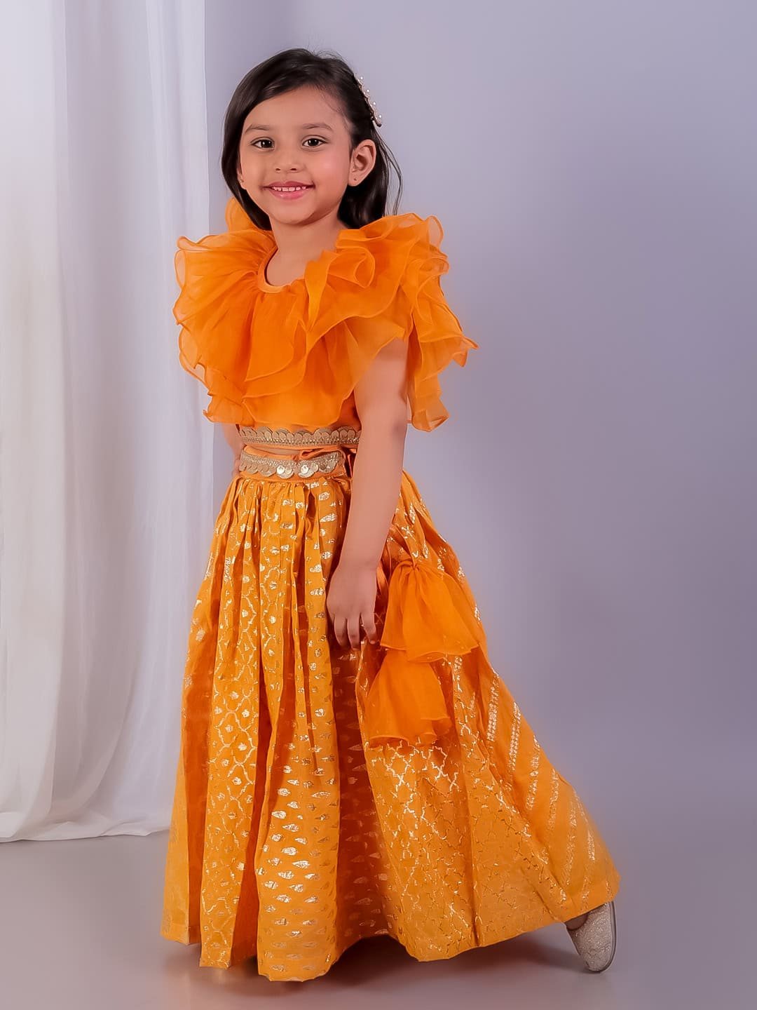 ORANGE ORGANZA FRILL CHANDERI LEHNGA SET