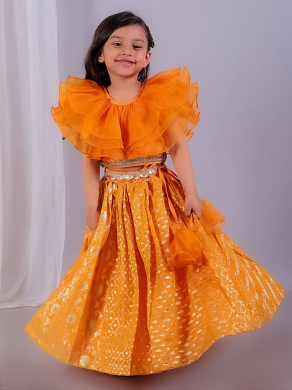 ORANGE ORGANZA FRILL CHANDERI LEHNGA SET