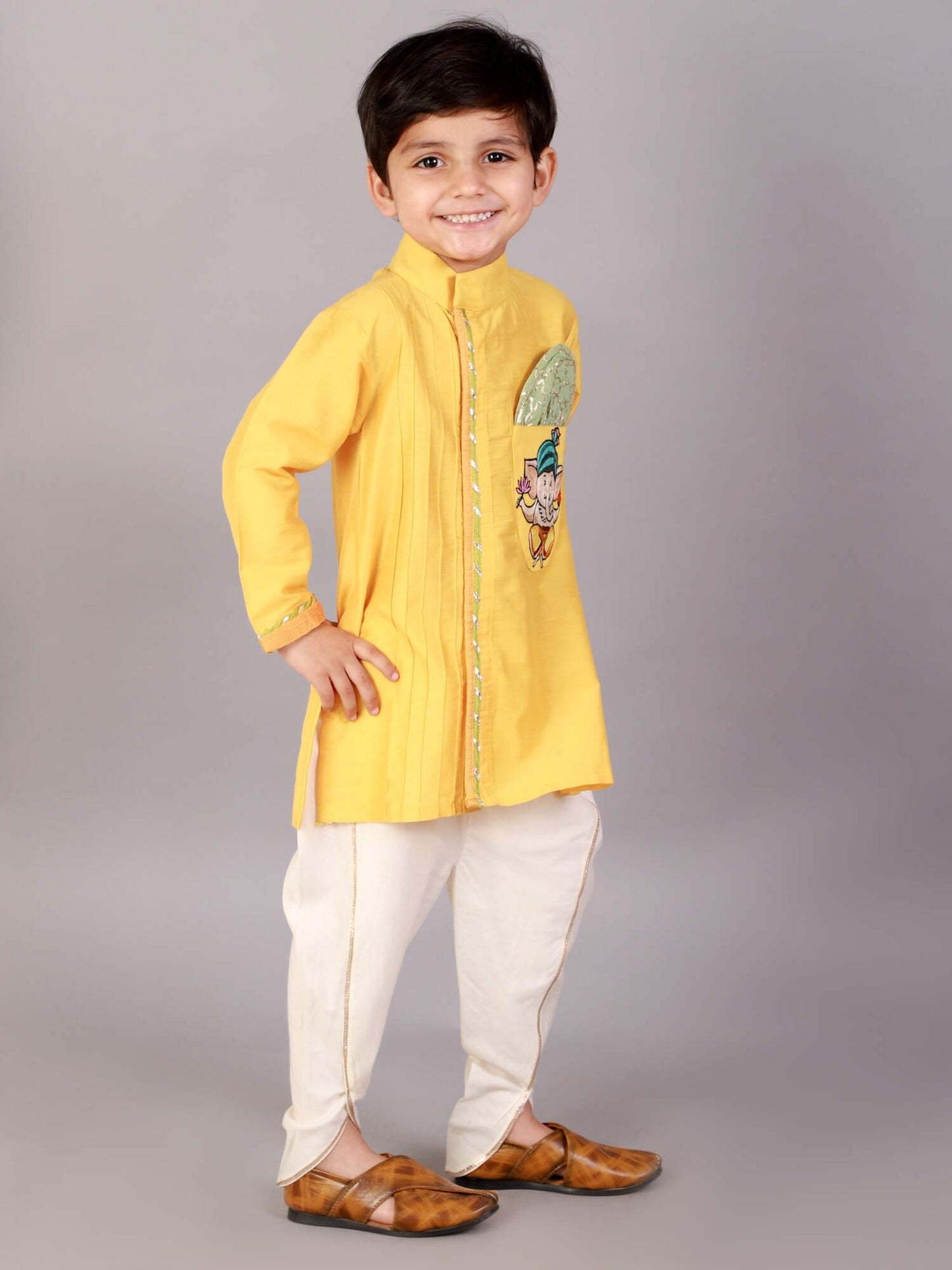 MUSTARD GANPATI EMBROIDERED KURTA DHOTI  SET
