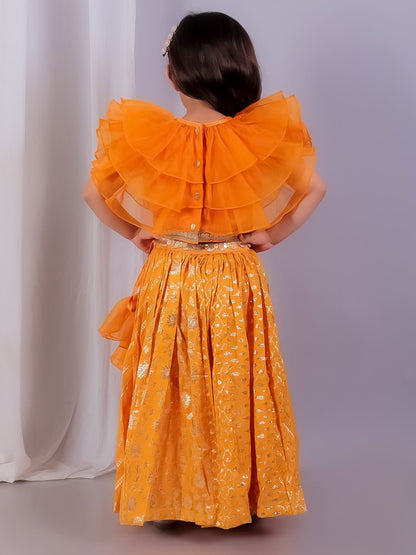 ORANGE ORGANZA FRILL CHANDERI LEHNGA SET