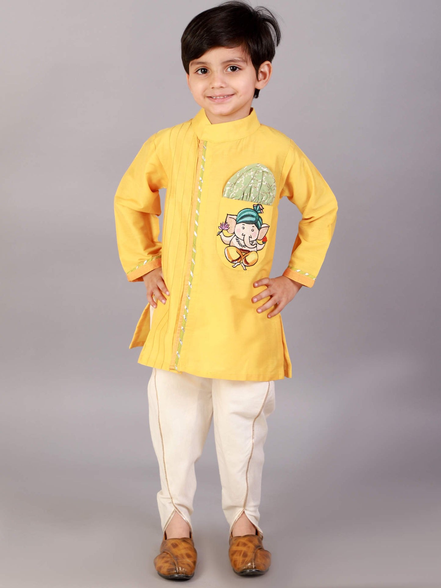 MUSTARD GANPATI EMBROIDERED KURTA DHOTI  SET