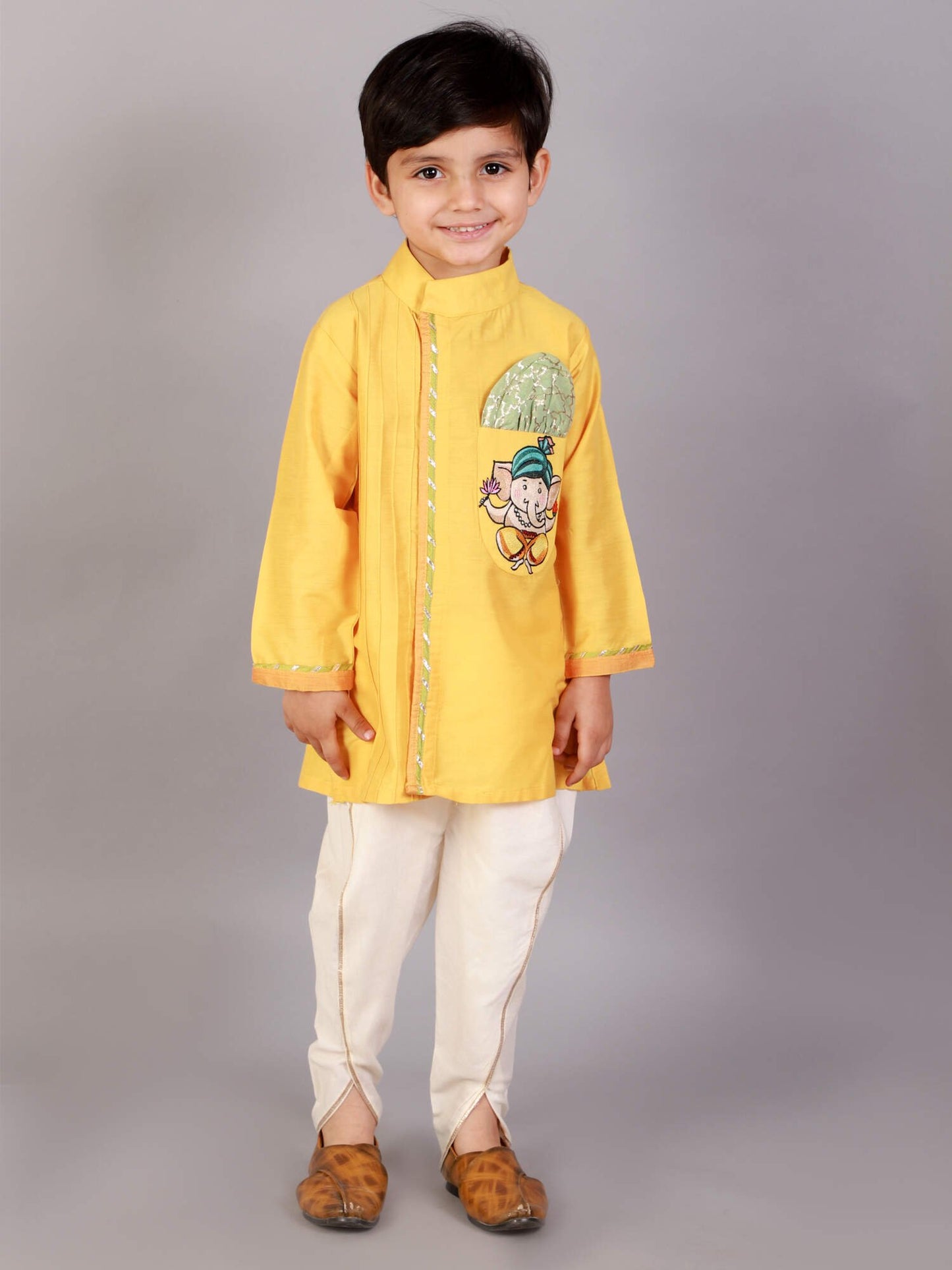 MUSTARD GANPATI EMBROIDERED KURTA DHOTI  SET