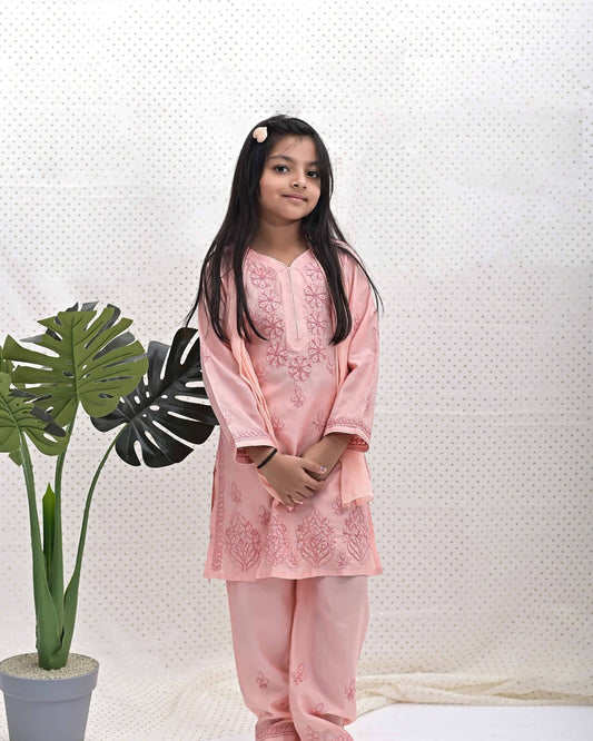 PEACH CHIKANKARI SUIT SET