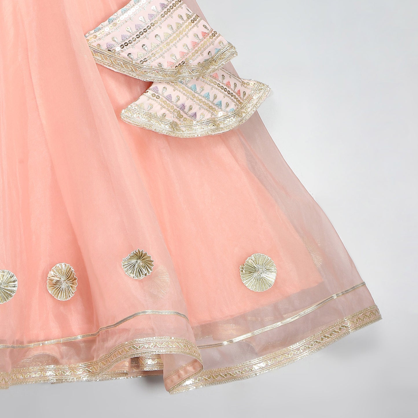 PEACH ORGANZA AND SILK FRILLY BLOUSE LEHNGA SET WITH DUPPATA
