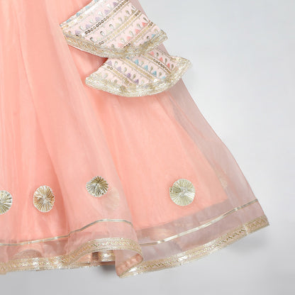PEACH ORGANZA AND SILK FRILLY BLOUSE LEHNGA SET WITH DUPPATA