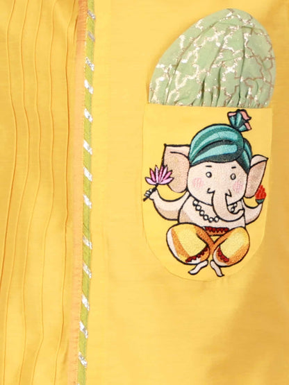 MUSTARD GANPATI EMBROIDERED KURTA DHOTI  SET