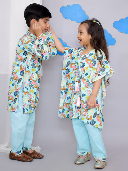 Blue Tiger Print Kaftan Kurta Set