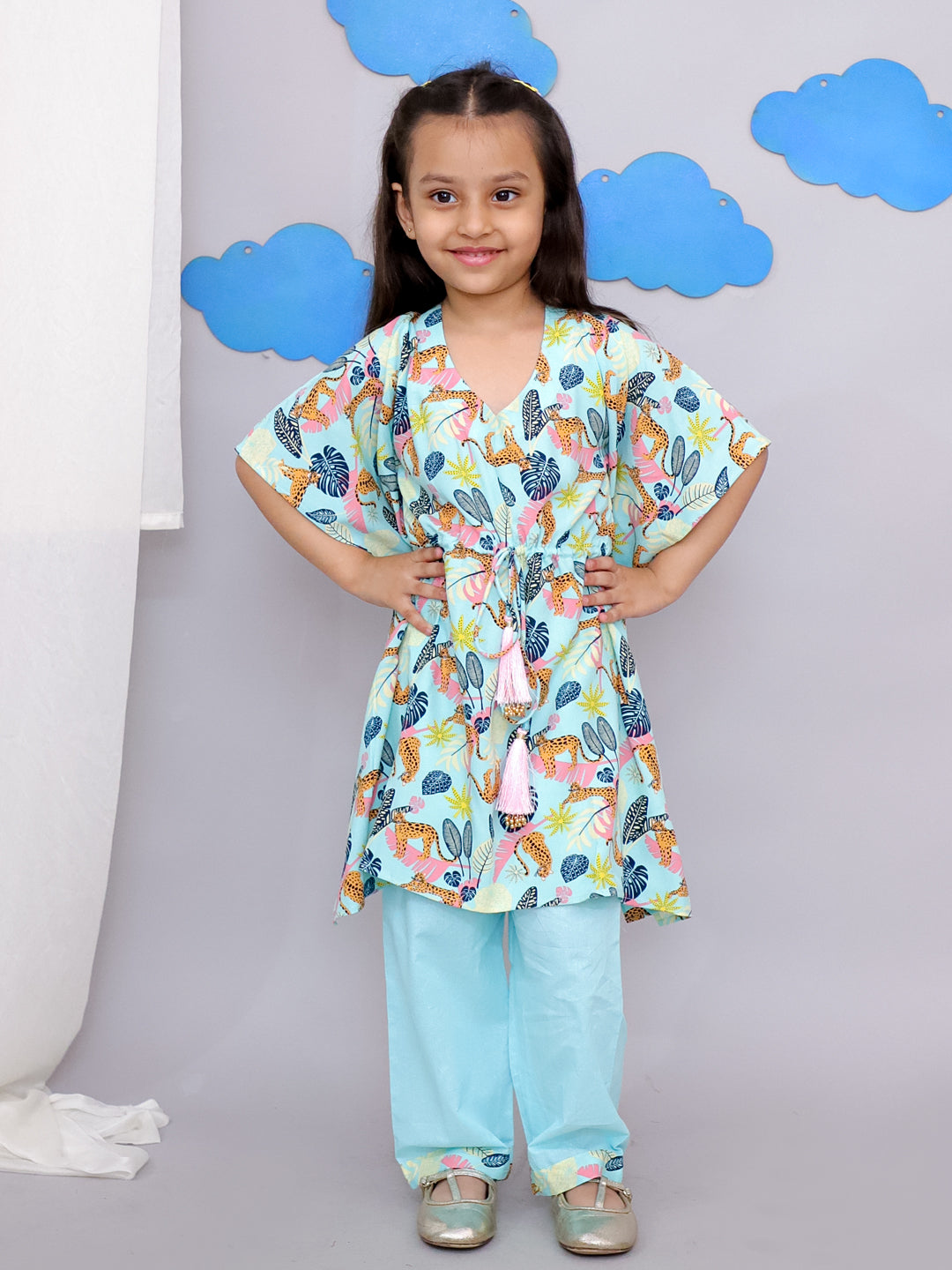 Blue Tiger Print Kaftan Kurta Set