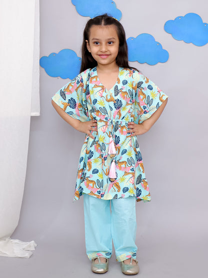 Blue Tiger Print Kaftan Kurta Set
