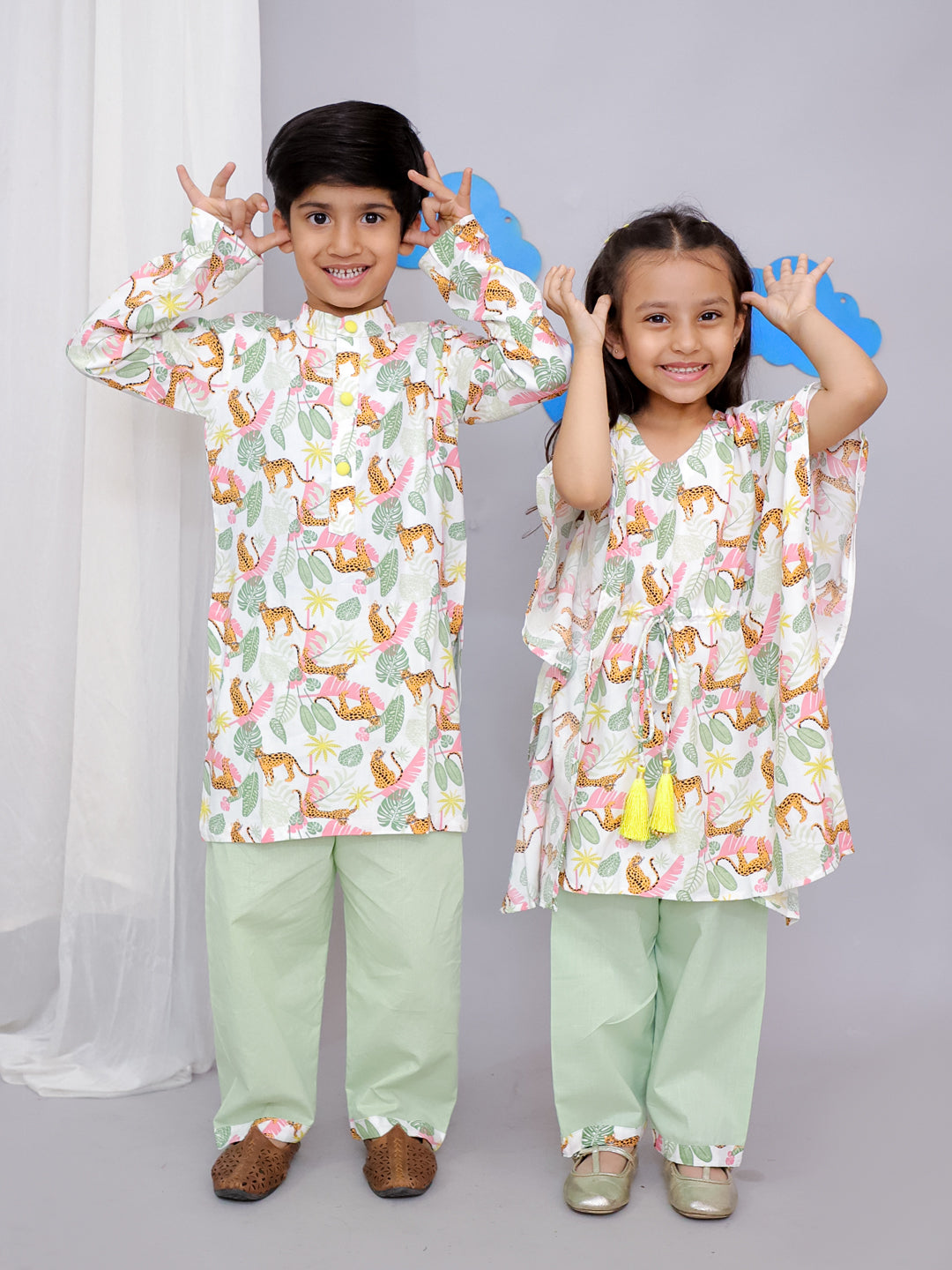 White Tiger Print Kaftan Kurta Set