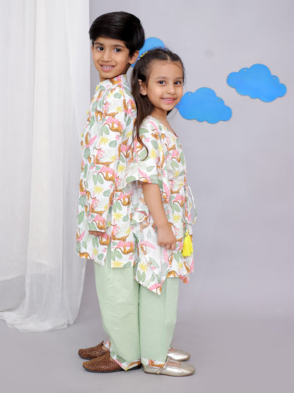 White Tiger Print Kaftan Kurta Set