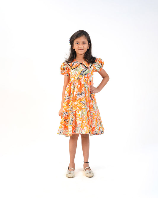 ORANGE PUFF SLEEVE FLOWERISH FROCK