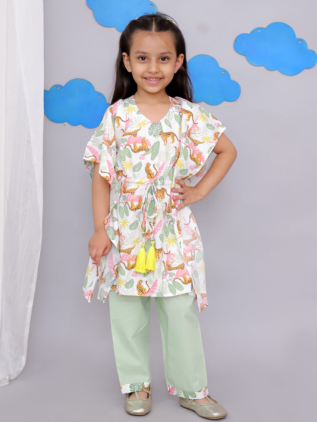 White Tiger Print Kaftan Kurta Set