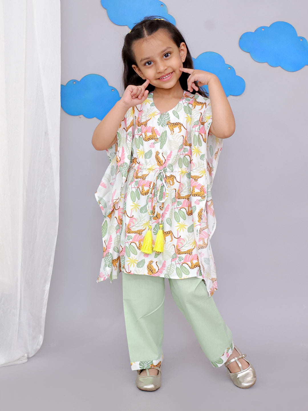 White Tiger Print Kaftan Kurta Set