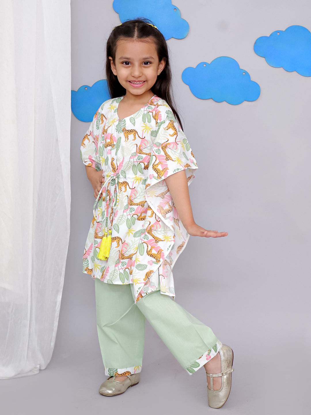 White Tiger Print Kaftan Kurta Set