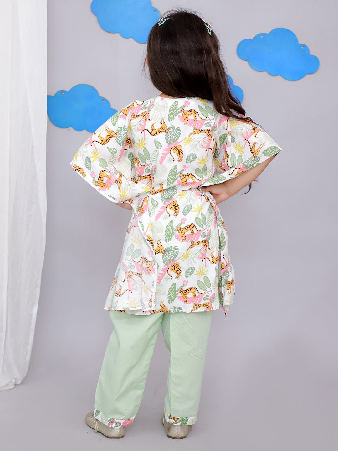 White Tiger Print Kaftan Kurta Set