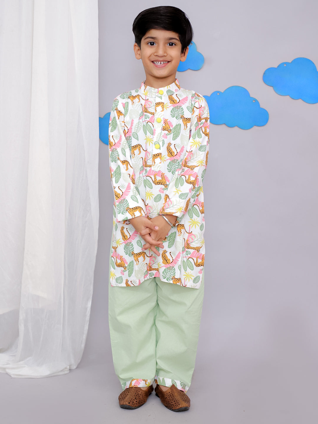 White Tiger Print Kurta Set