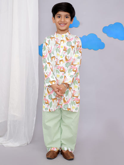 White Tiger Print Kurta Set