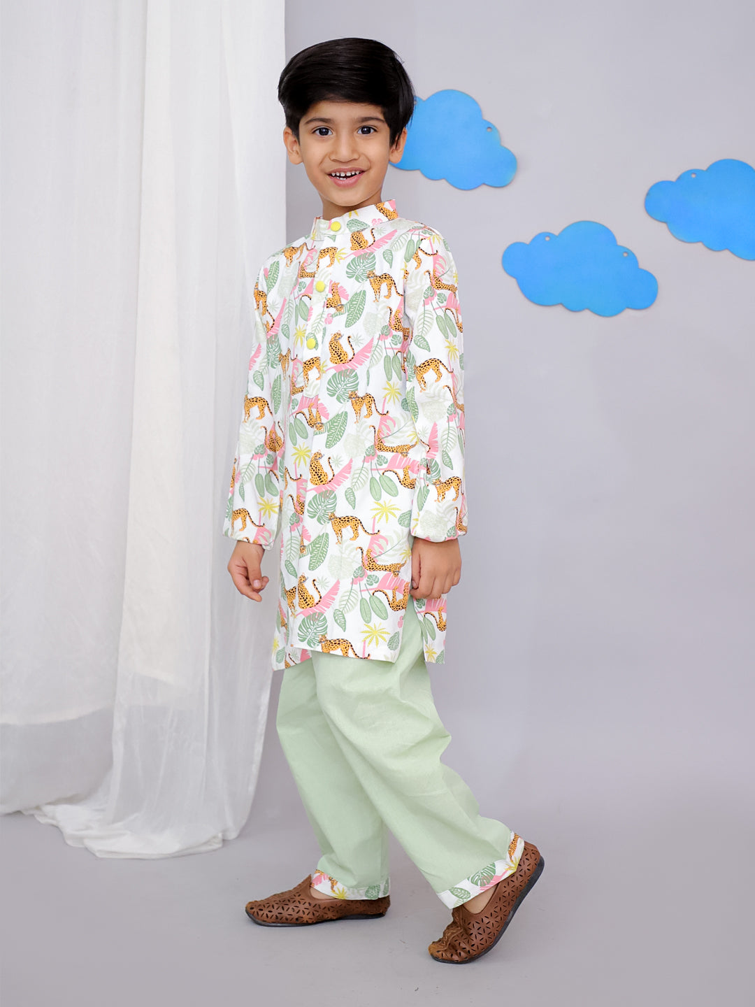 White Tiger Print Kurta Set