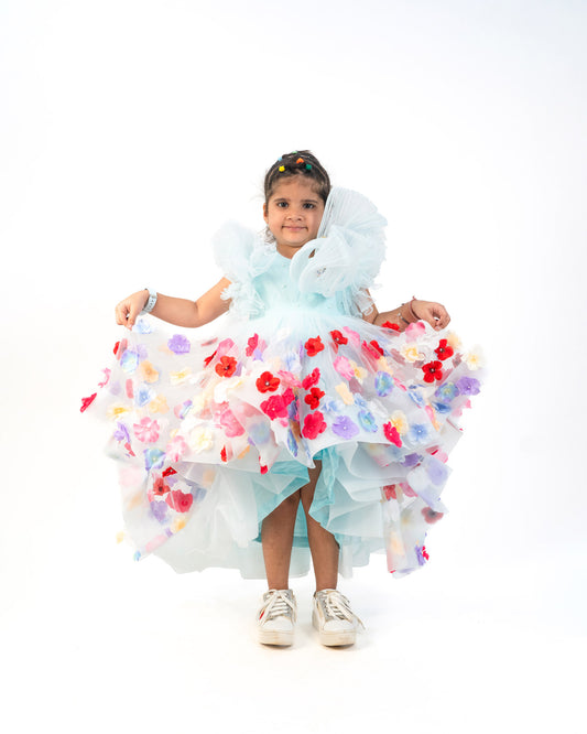 BUTTERFLY FLOWER COVERED OVER FRILLED BEAUTIFIED NET FROCK