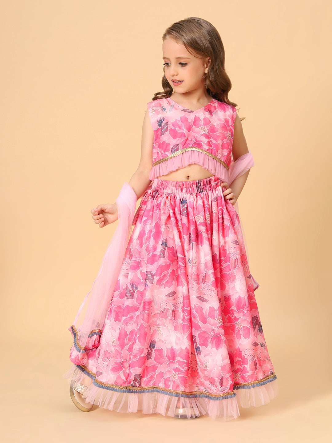 Pink Three Piece Party Wear Lehnga top set